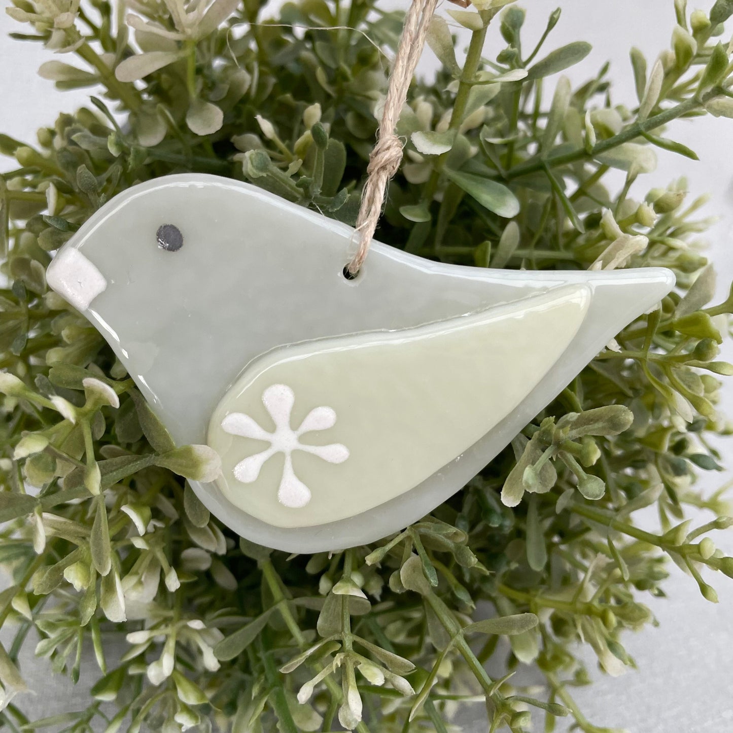 Fused glass hand painted folksy bird ~ dove grey