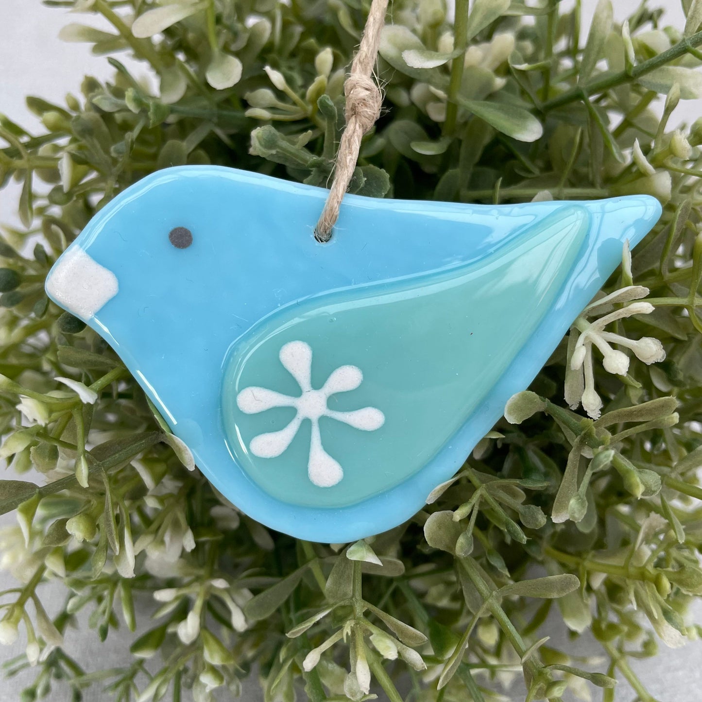 Fused glass hand painted folksy bird ~ turquoise