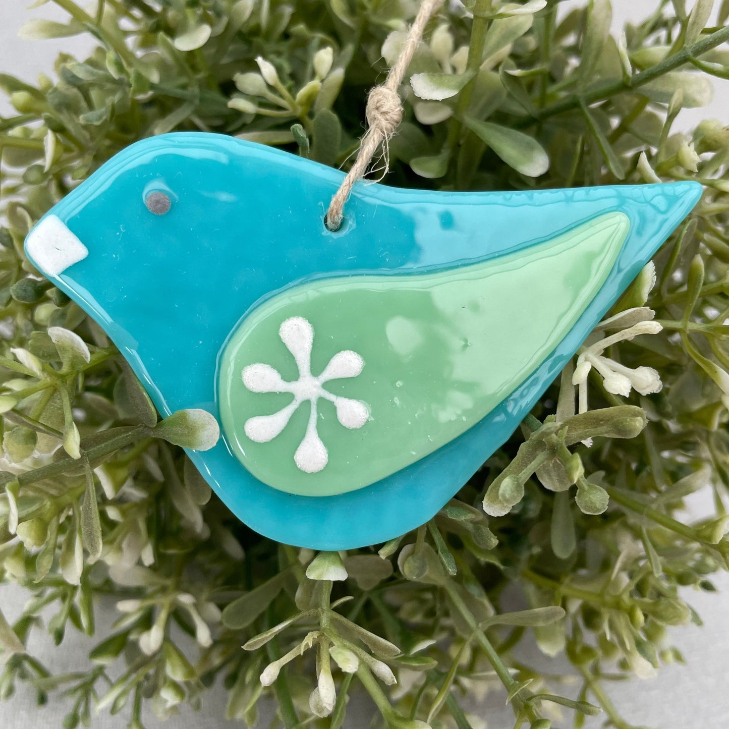 Fused glass hand painted folksy bird ~ aqua