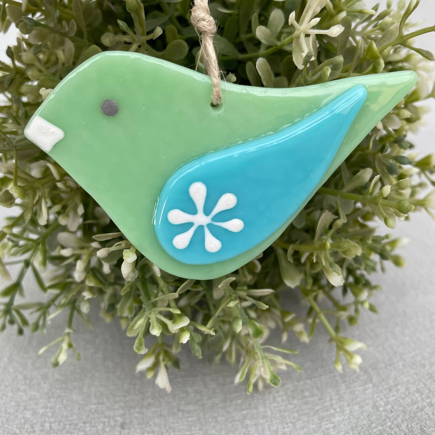 Fused glass hand painted folksy bird ~ green