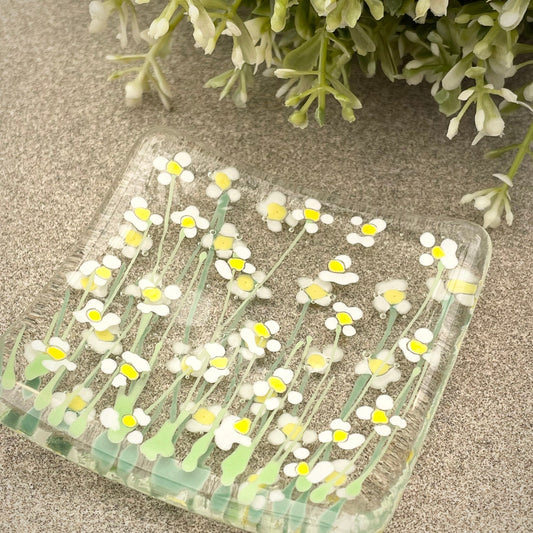 Fused glass hand painted White Daisy floral Dish