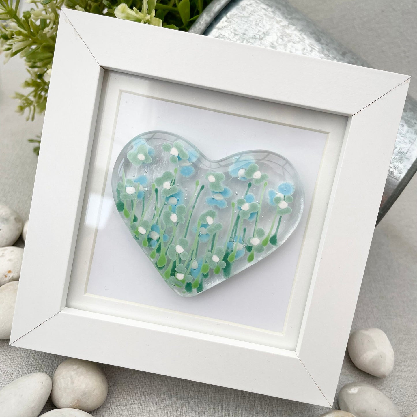 Fused glass hand painted forget-me-not heart ~ duck egg blue ~ eau de nil ~ mini frame picture