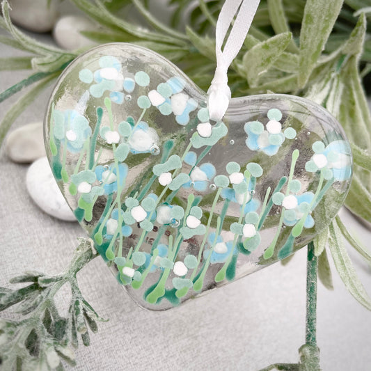 Fused glass hand painted forget-me-not heart~ duck egg blue ~ eau de nil ~ clear glass hanger