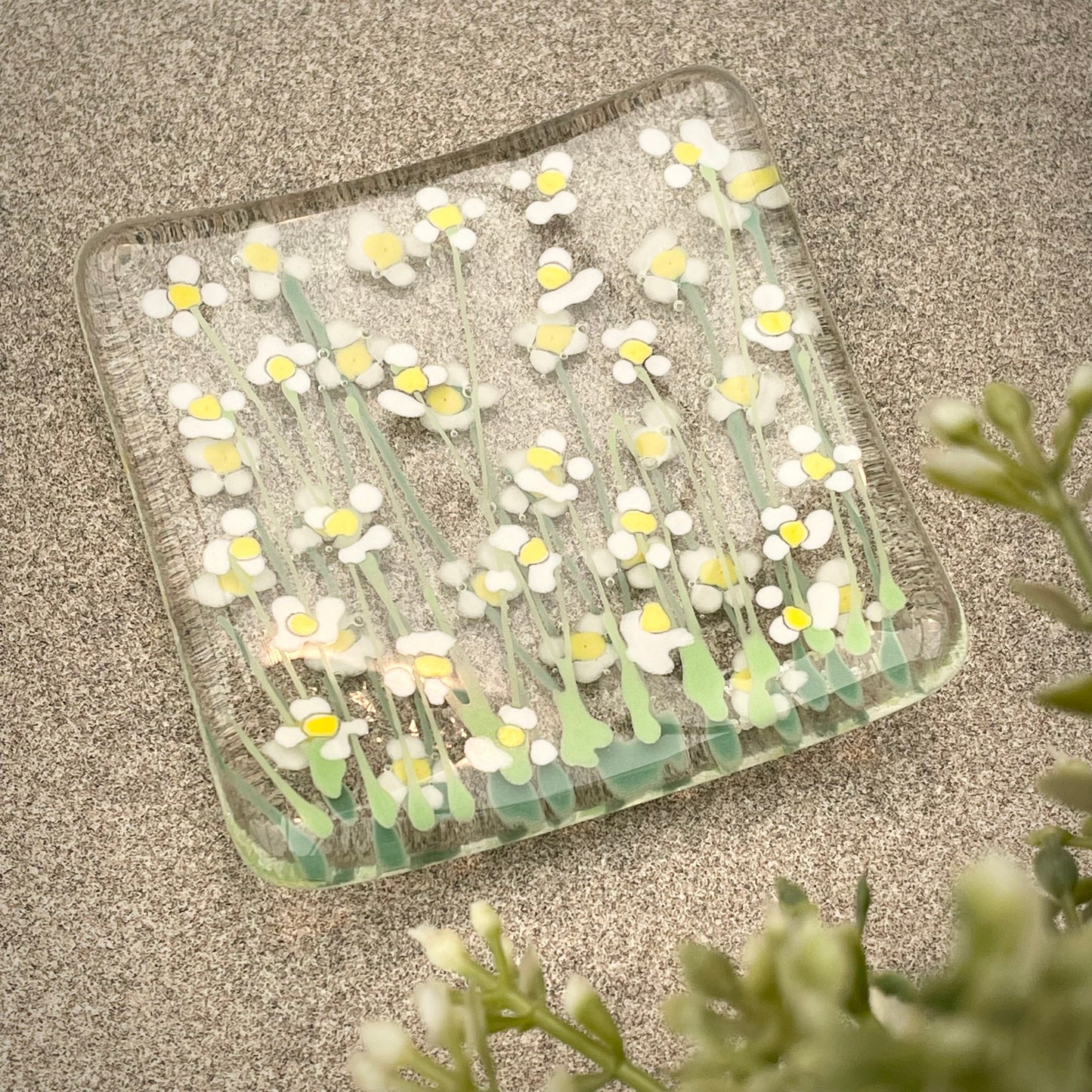 Fused glass hand painted White Daisy floral Dish