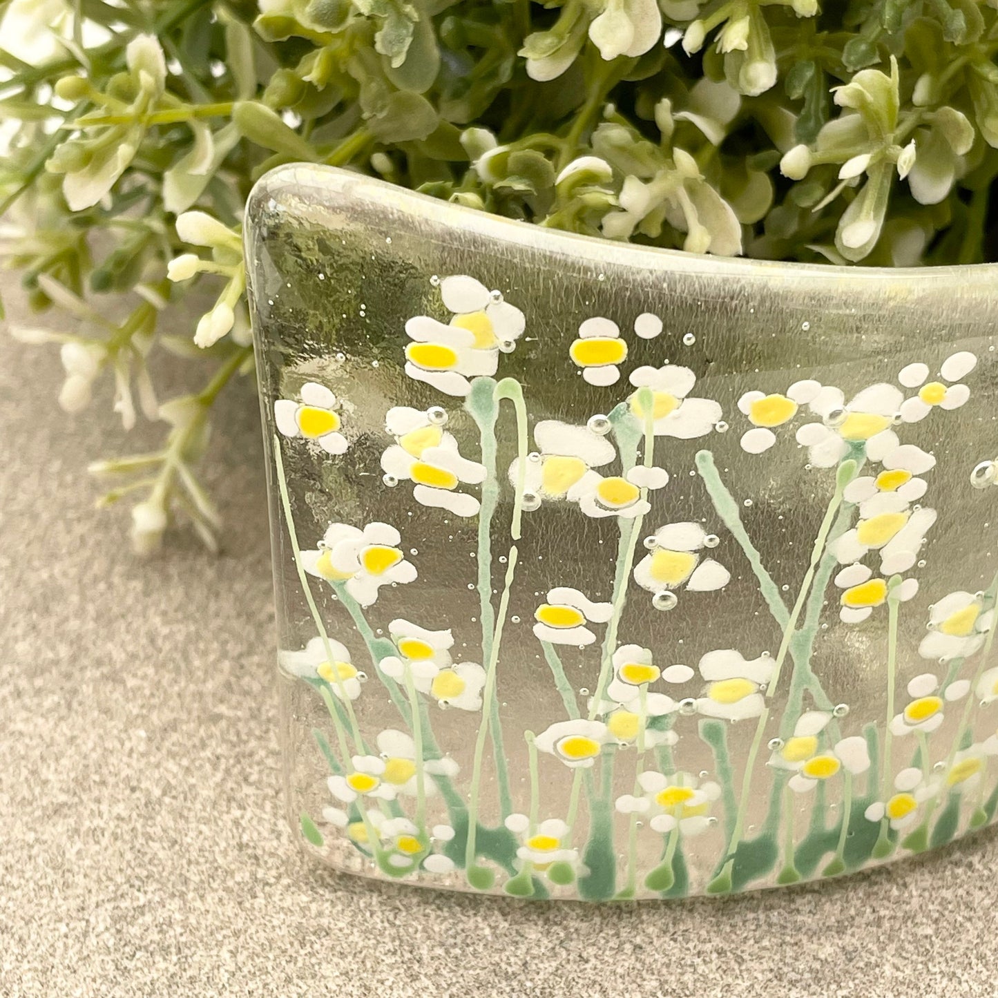 Fused glass hand painted White Summer Daisy floral Curve