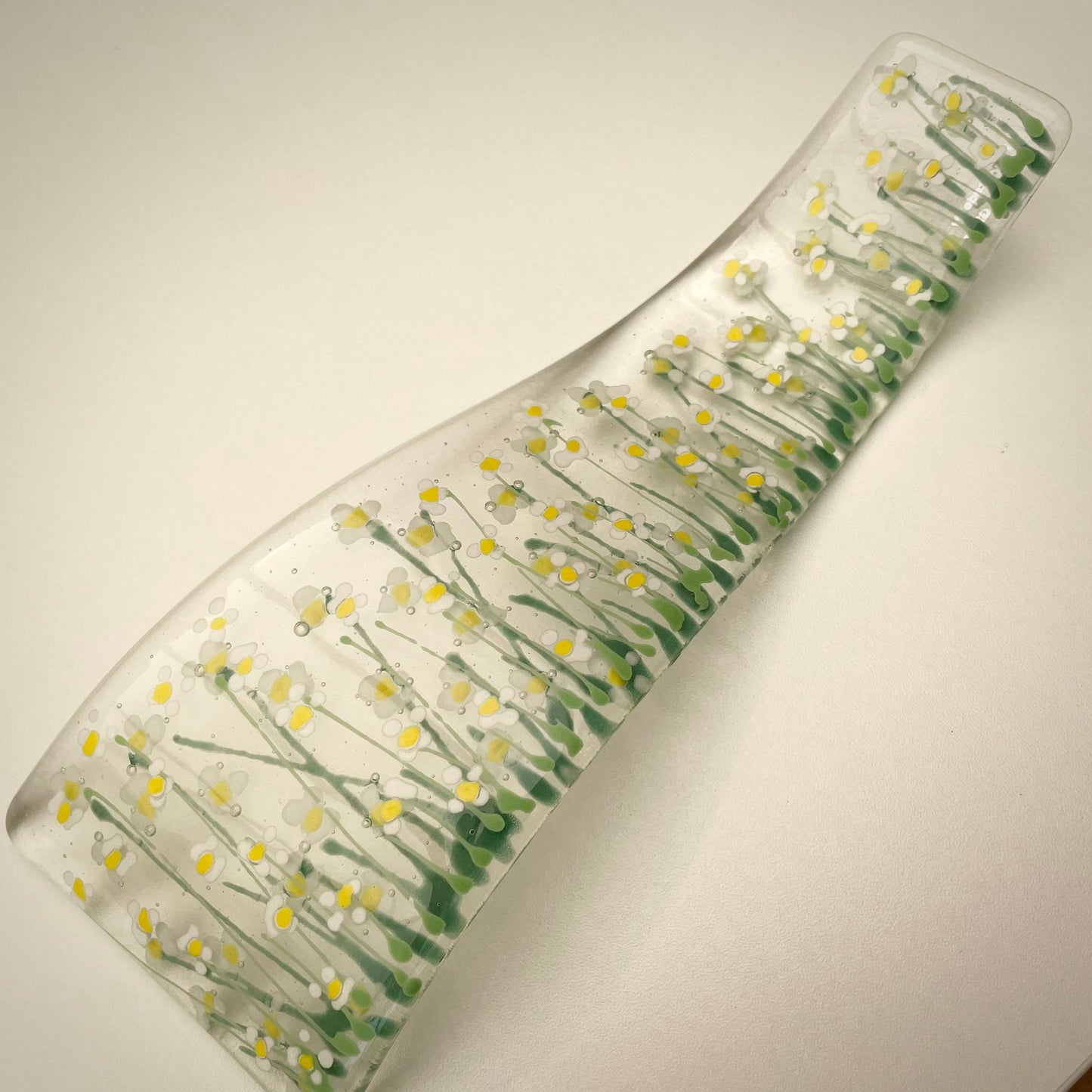 Fused glass hand painted White Summer Daisy floral Curve