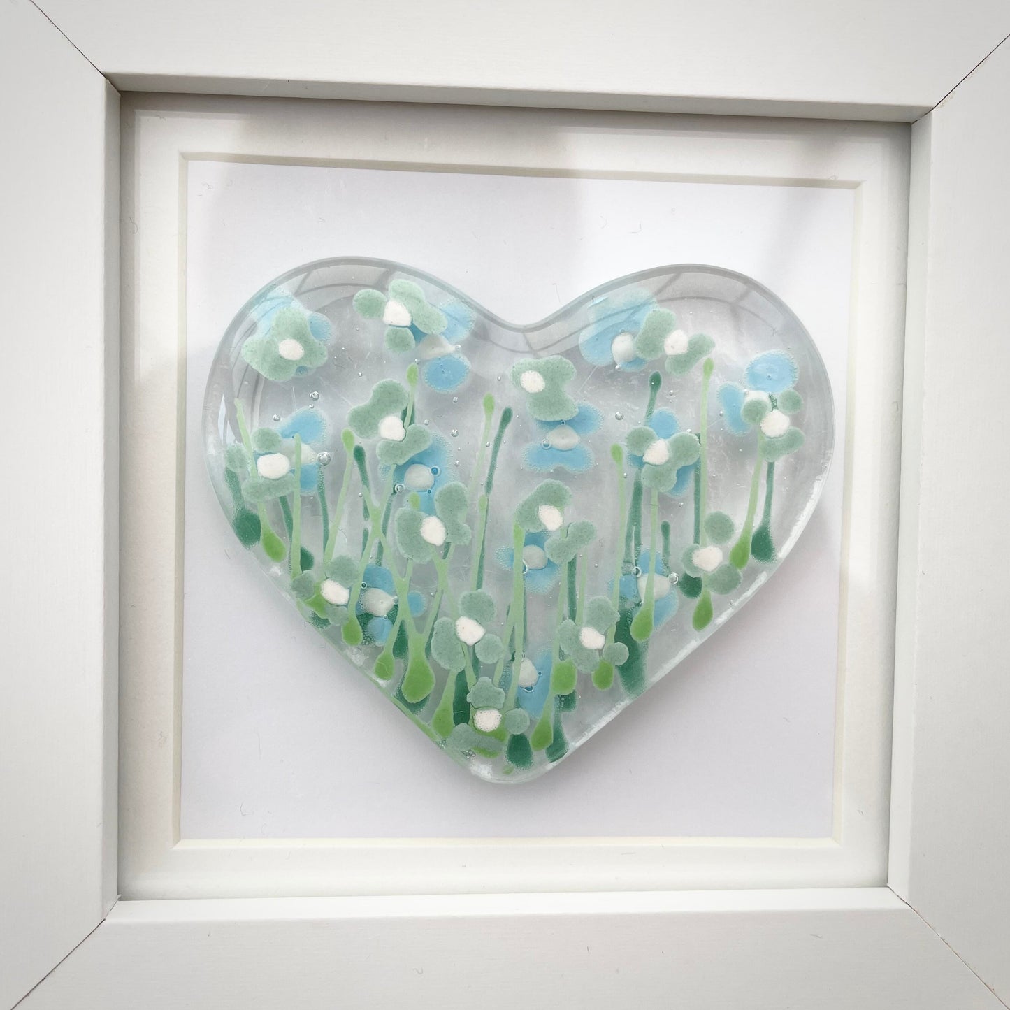 Fused glass hand painted forget-me-not heart ~ duck egg blue ~ eau de nil ~ mini frame picture