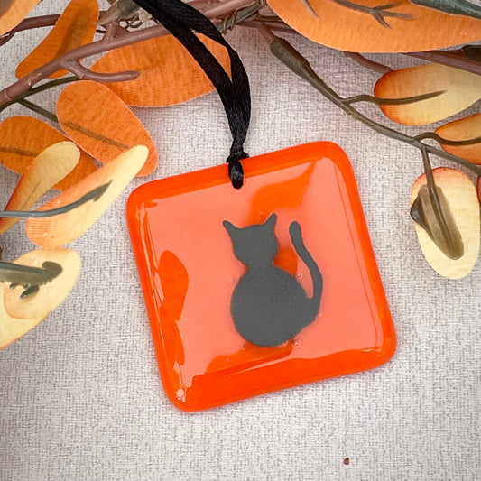 Fused glass Halloween decoration ~ Black Cat ~ orange