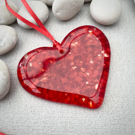 Fused glass lace confetti red heart glass hanger ~ Valentines!