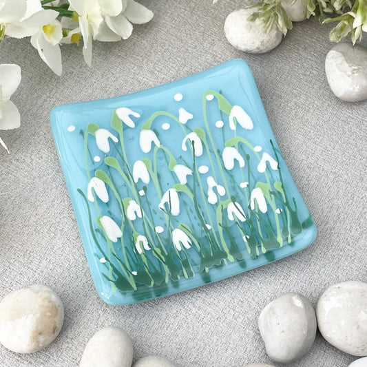 Fused glass hand painted Snowdrop  floral dish ~ pale turquoise