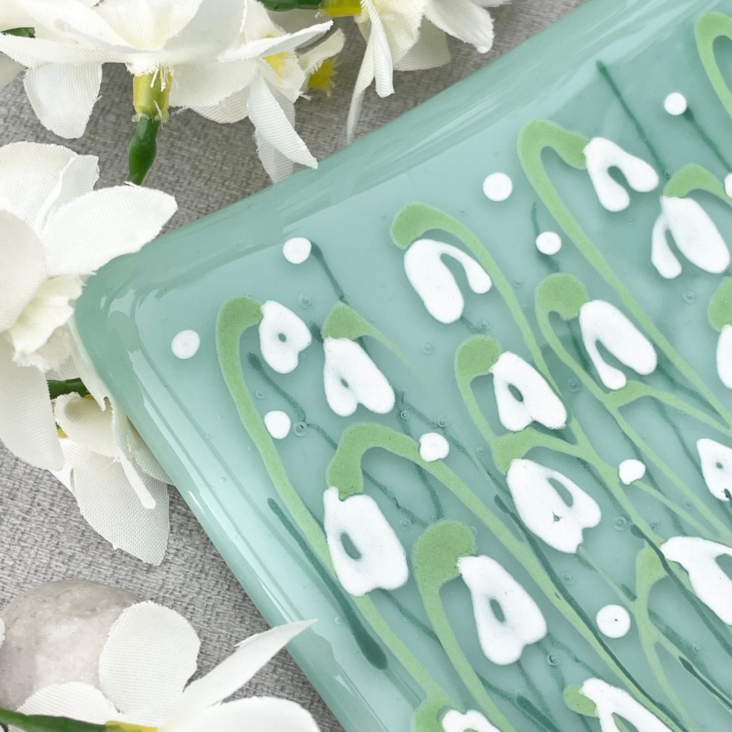 Fused glass hand painted Snowdrop floral dish ~ mint