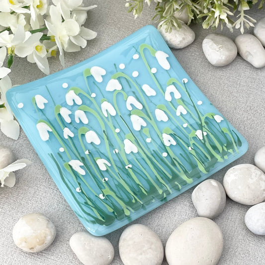 Fused glass hand painted Snowdrop  floral dish ~ pale turquoise