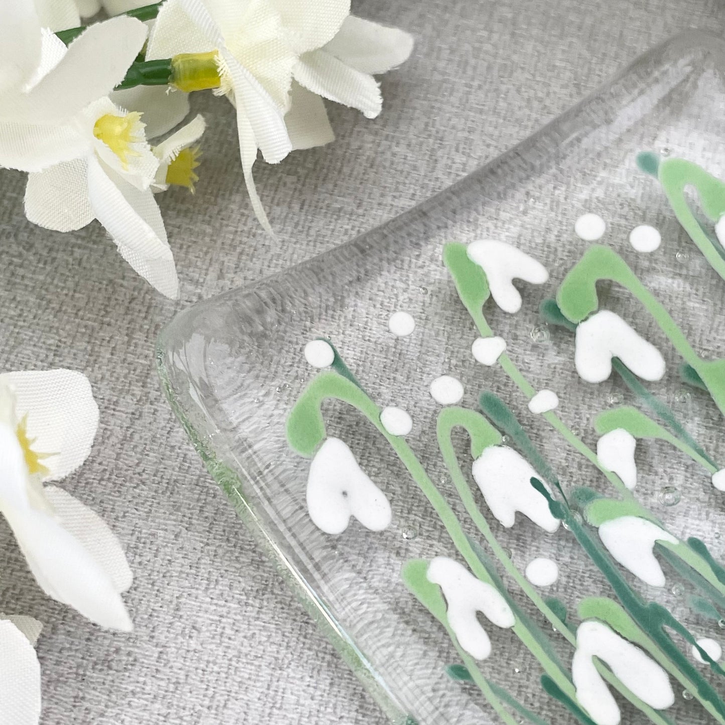 Fused glass hand painted Snowdrop floral dish ~ clear