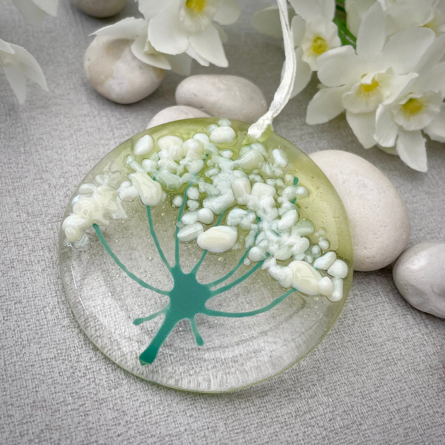 Fused glass Cow Parsley round hanger