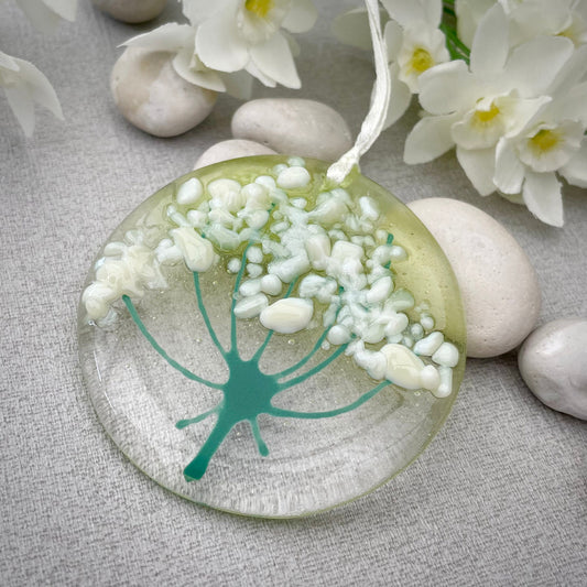Fused glass Cow Parsley round hanger