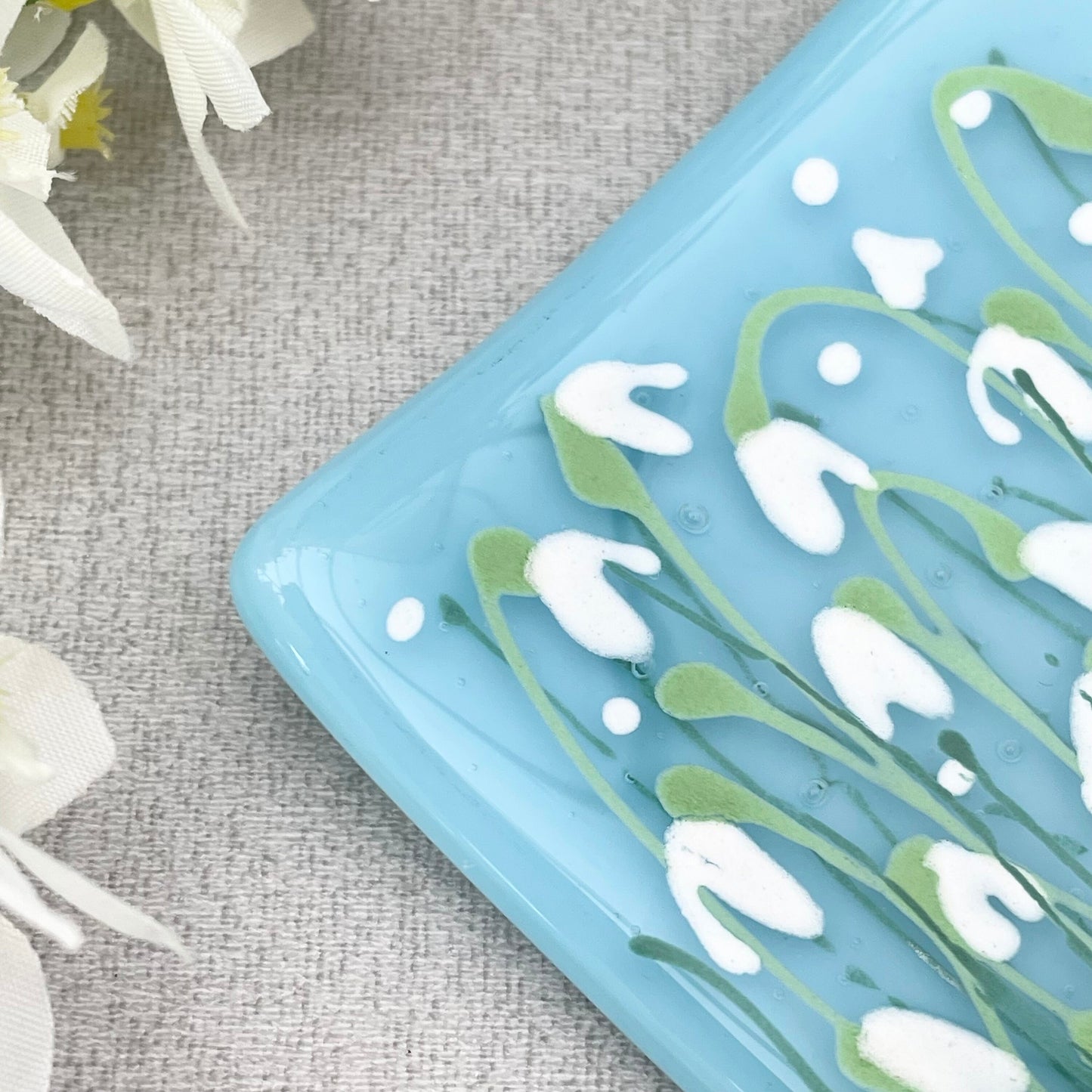 Fused glass hand painted Snowdrop floral dish ~ pale turquoise