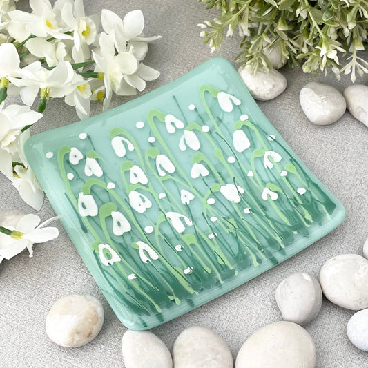 Fused glass hand painted Snowdrop  floral dish ~ mint