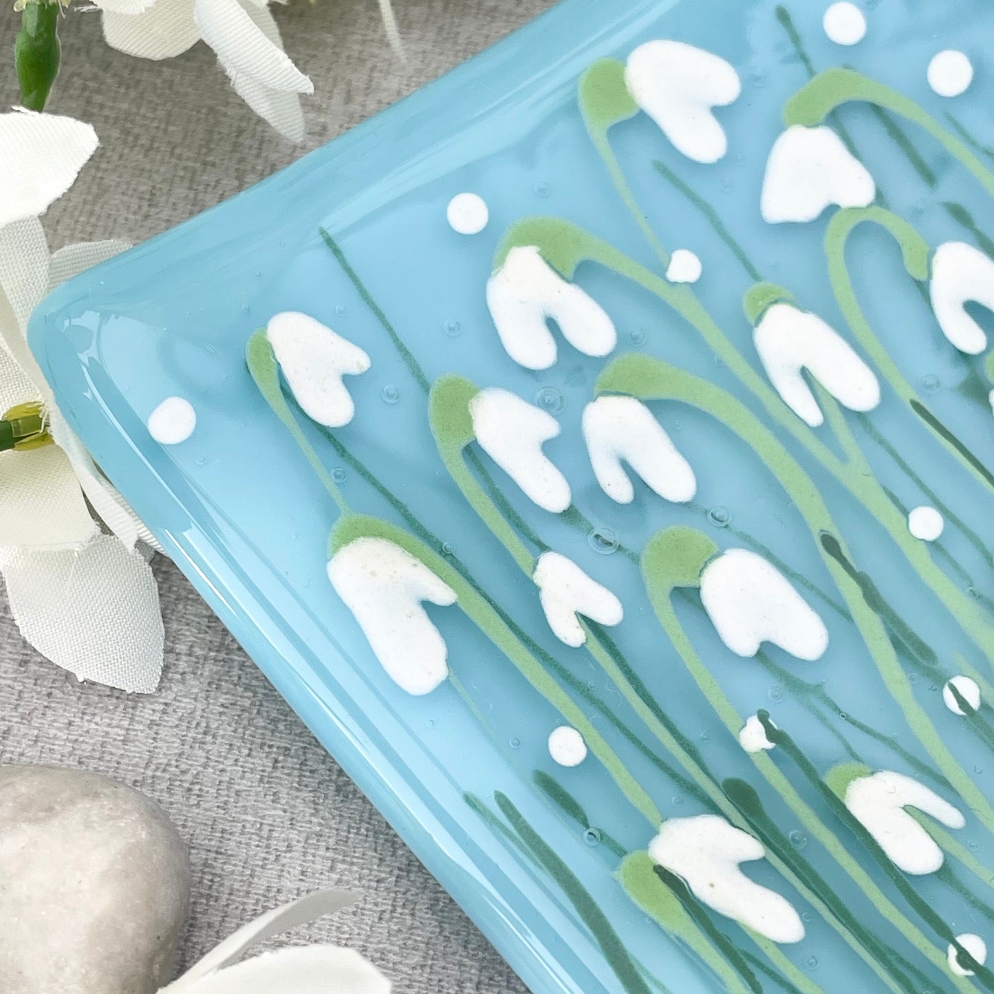 Fused glass hand painted Snowdrop  floral dish ~ pale turquoise