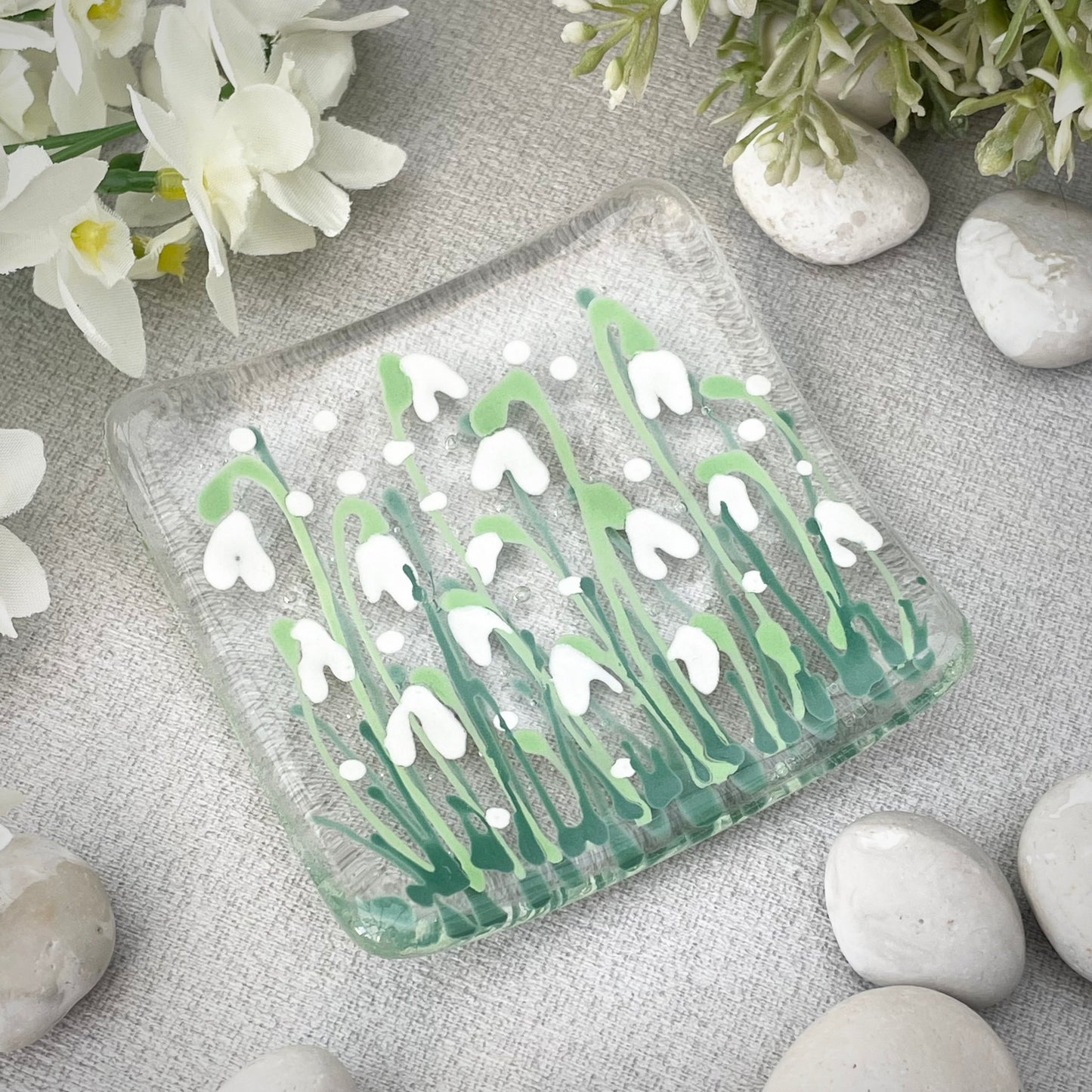Fused glass hand painted Snowdrop floral dish ~ clear