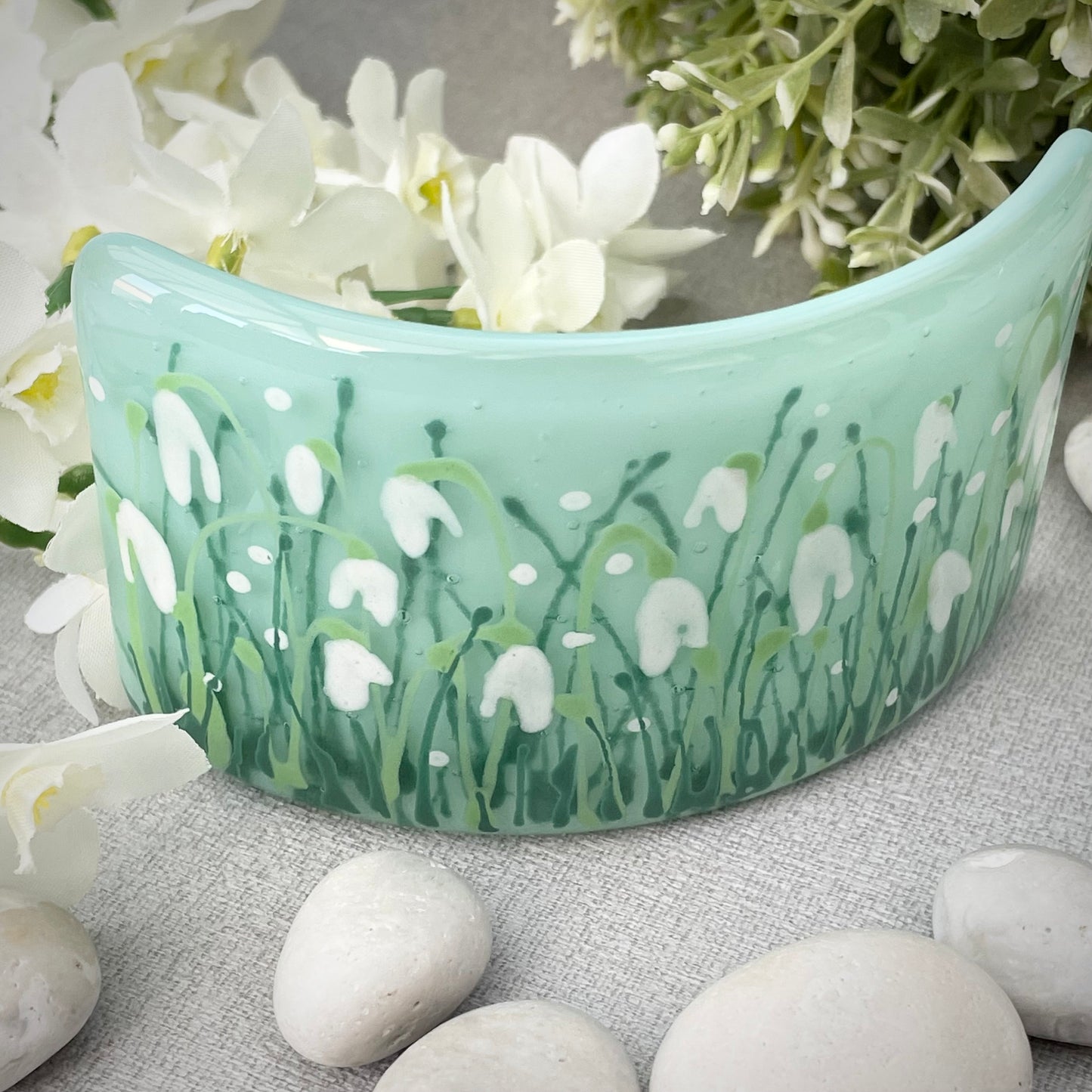Fused glass hand painted Snowdrop floral mini curve ~ mint