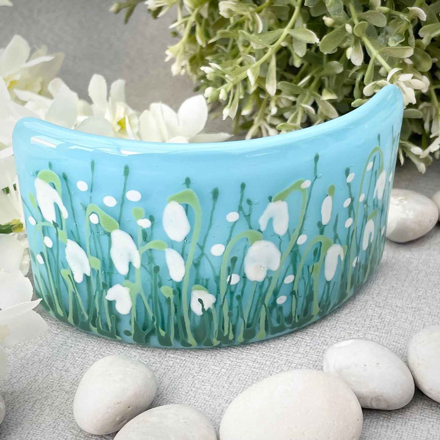 Fused glass hand painted Snowdrop floral mini curve ~ pale turquoise
