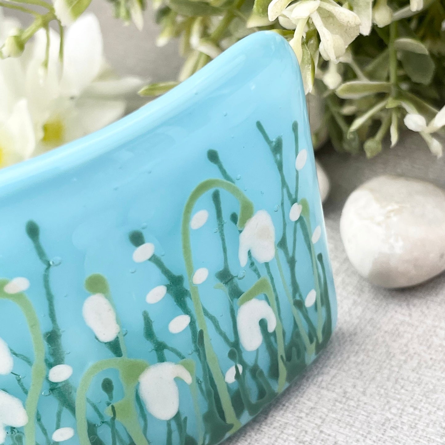 Fused glass hand painted Snowdrop floral mini curve ~ pale turquoise