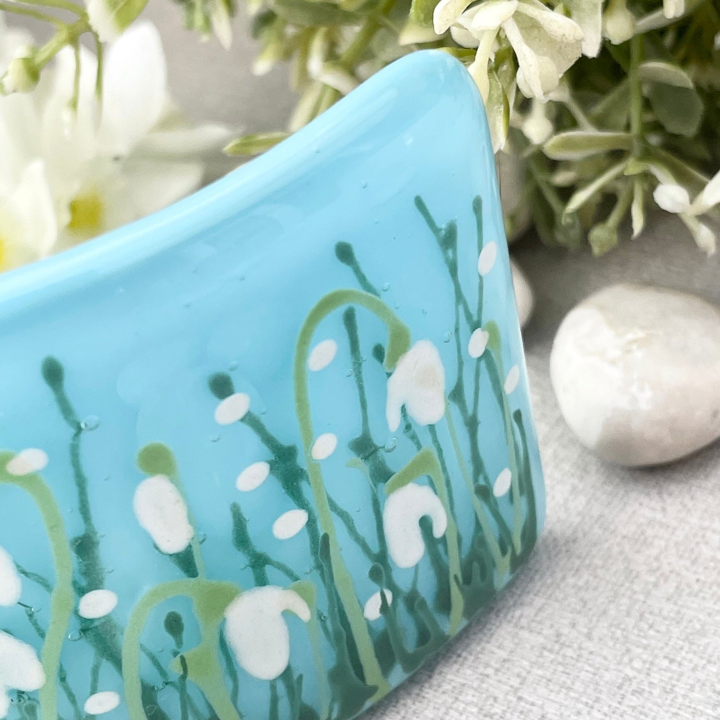 Fused glass hand painted Snowdrop  floral mini curve ~ pale turquoise