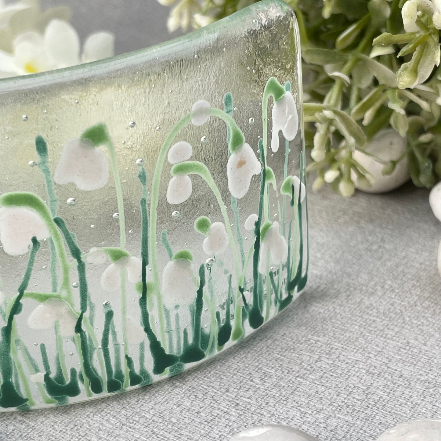 Fused glass hand painted Snowdrop floral mini curve ~ clear