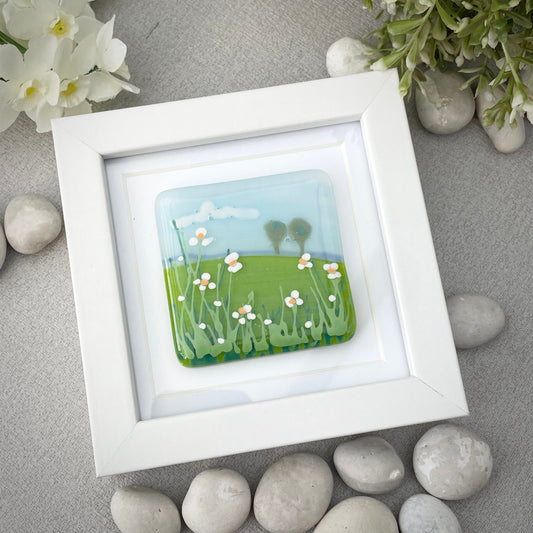 Fused glass hand painted mini frame picture ~ Daisy Meadow Field