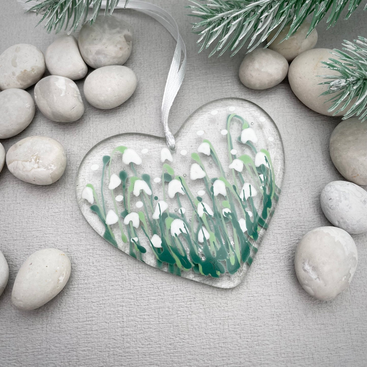 Fused glass hand painted Snowdrop heart ~ clear