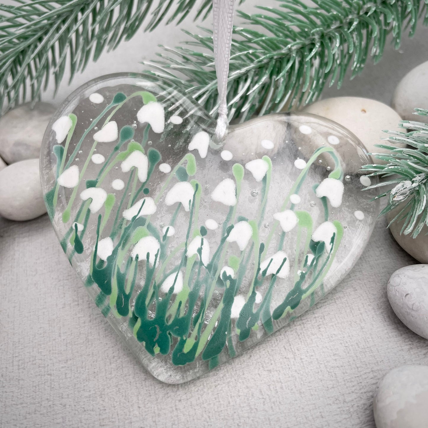 Fused glass hand painted Snowdrop heart ~ clear