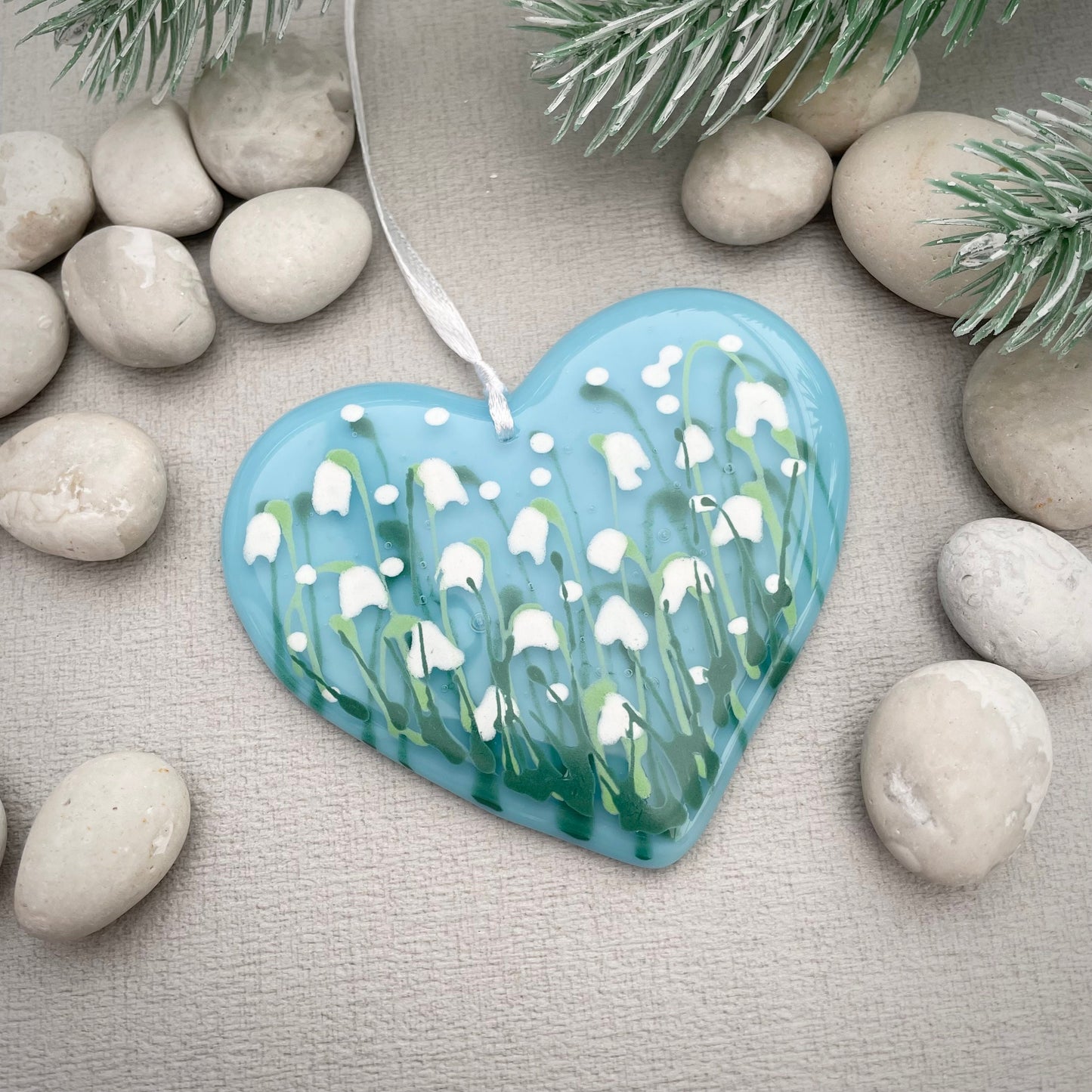 Fused glass hand painted Snowdrop heart ~ pale turquoise