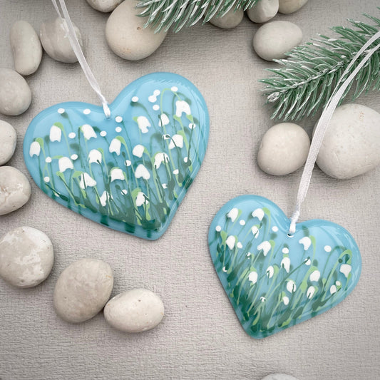 Fused glass hand painted Snowdrop heart ~ pale turquoise