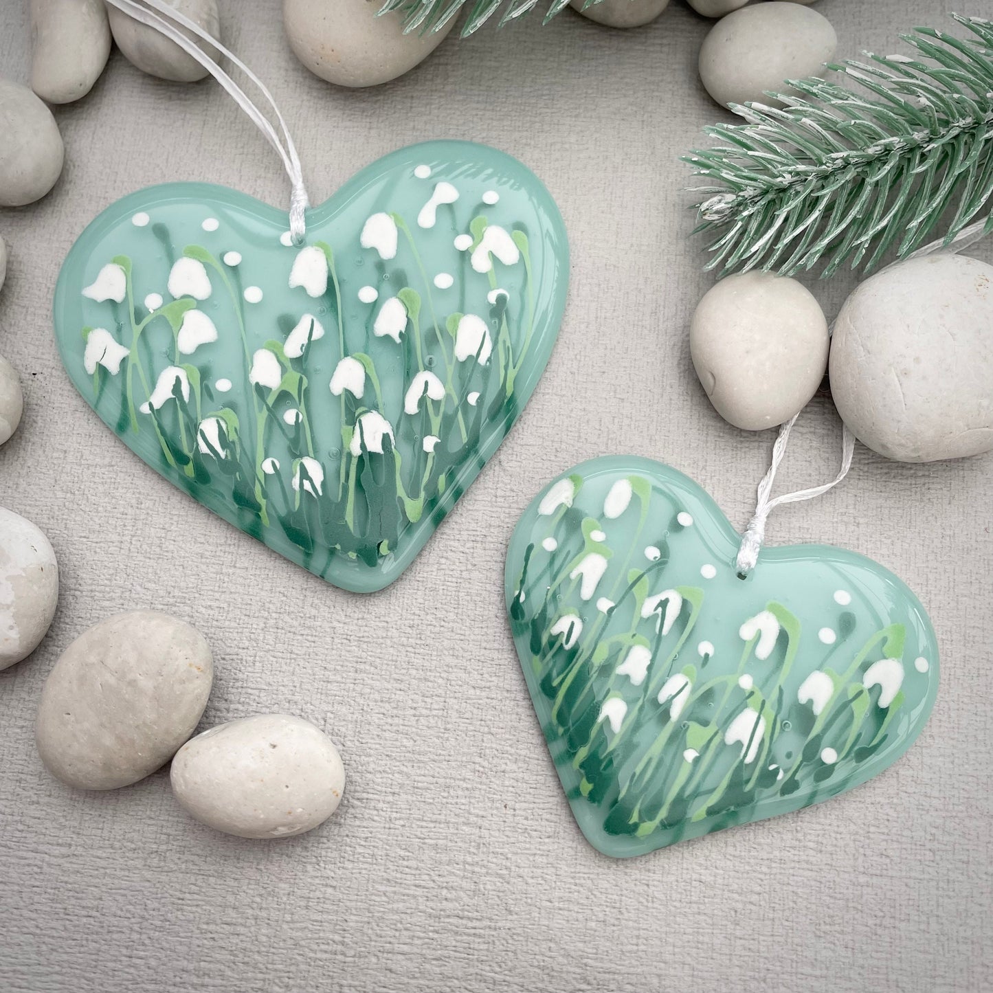 Fused glass hand painted Snowdrop heart ~ mint