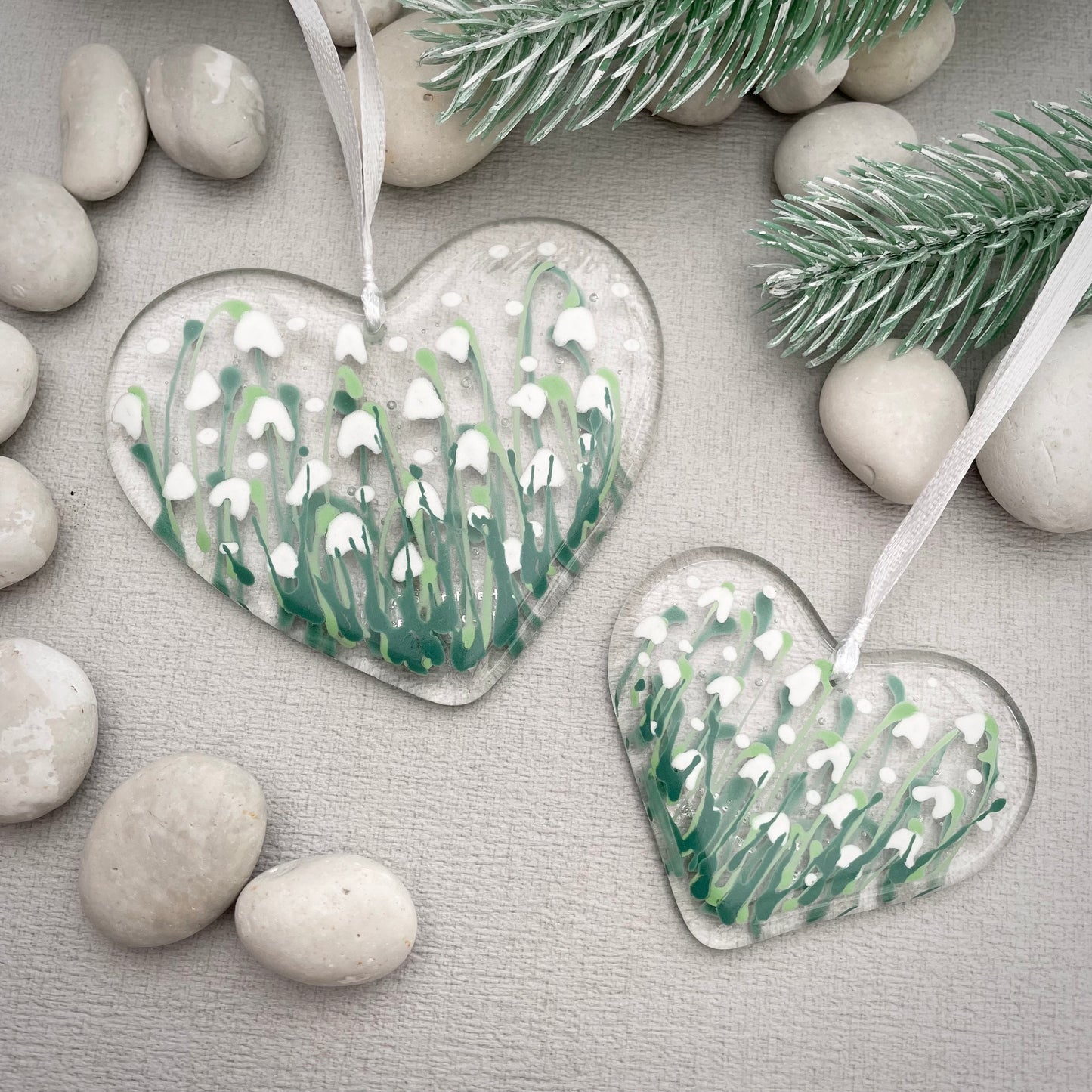 Fused glass hand painted Snowdrop heart ~ clear