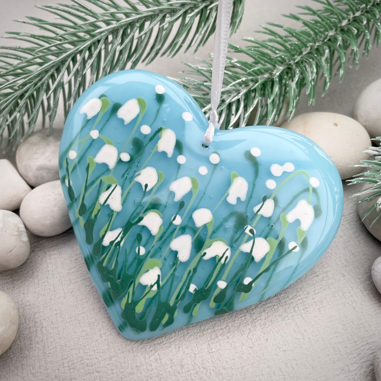 Fused glass hand painted Snowdrop heart ~ pale turquoise