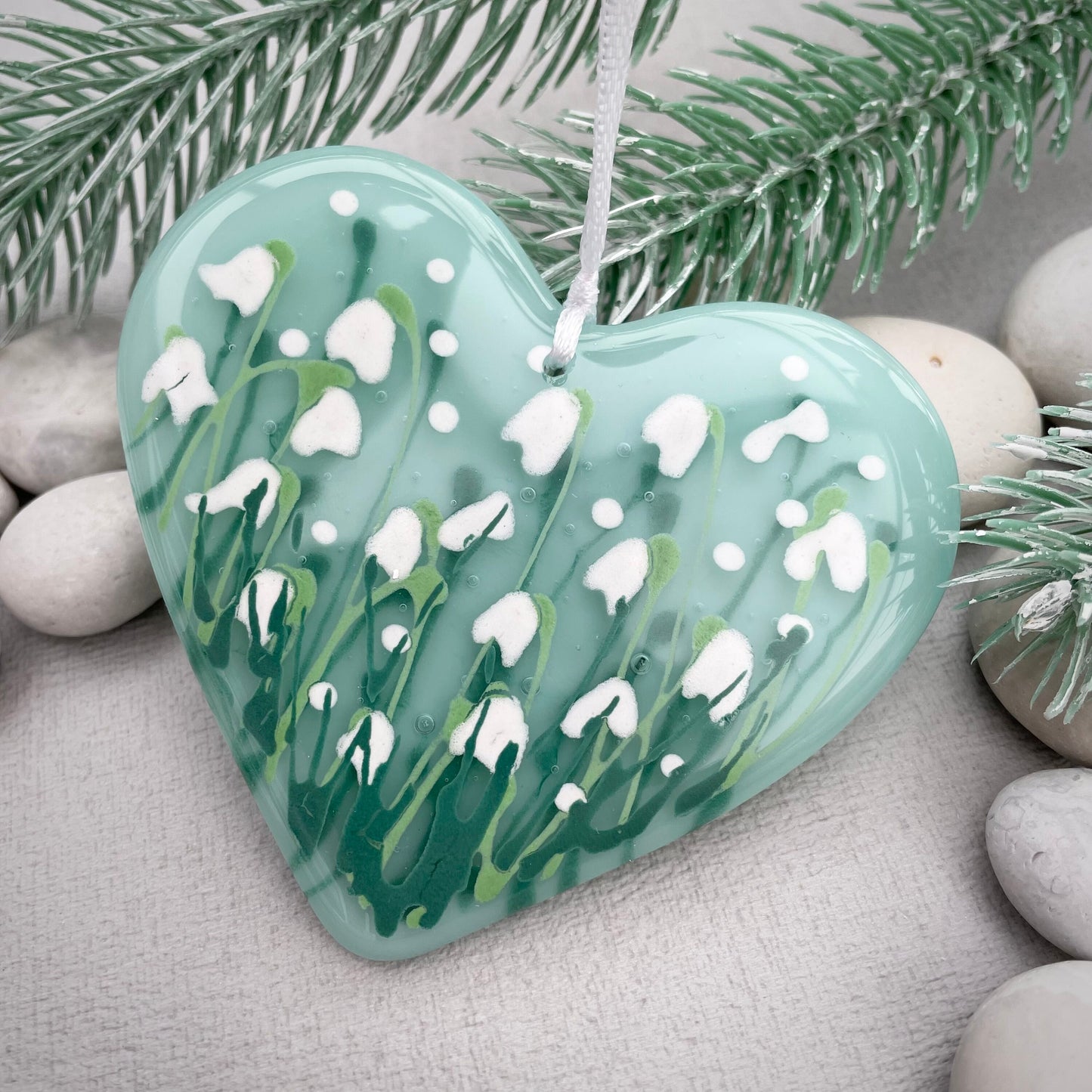 Fused glass hand painted Snowdrop heart ~ mint