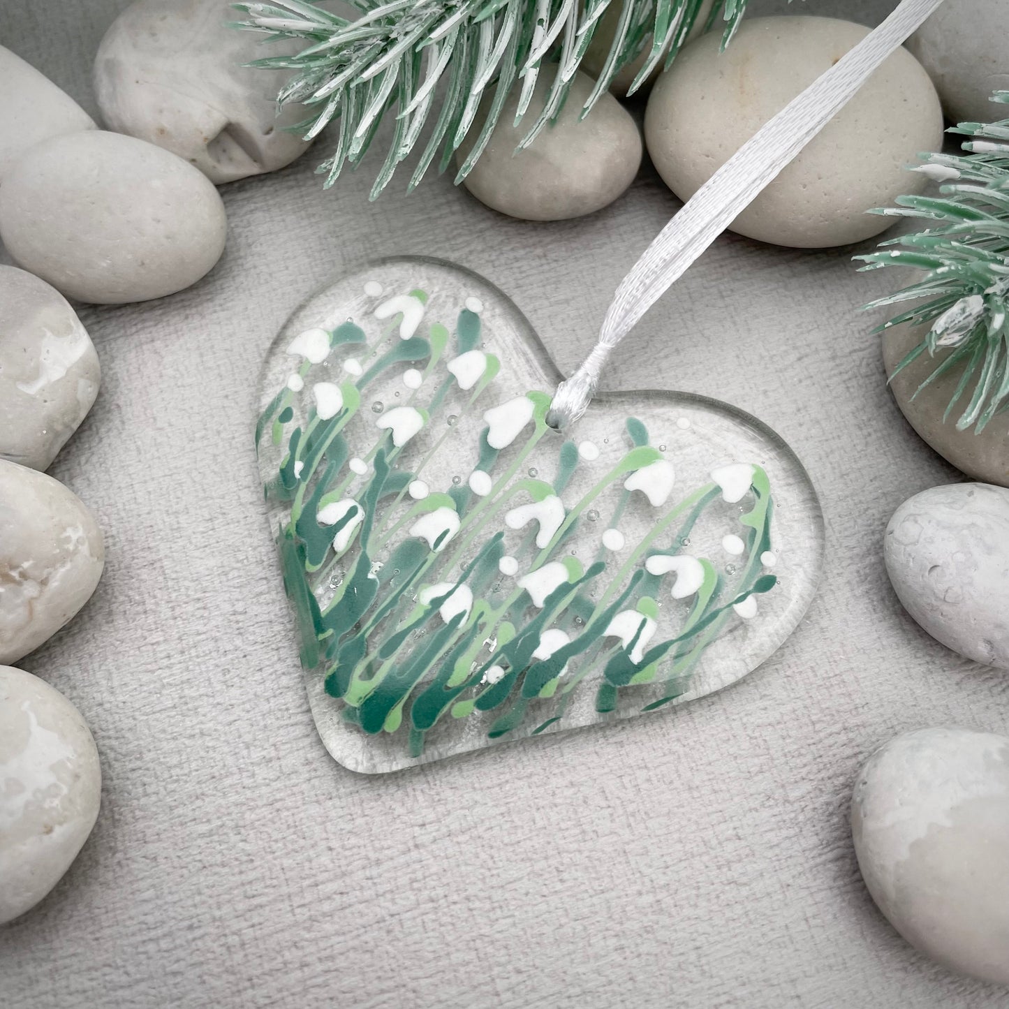 Fused glass hand painted Snowdrop heart ~ clear