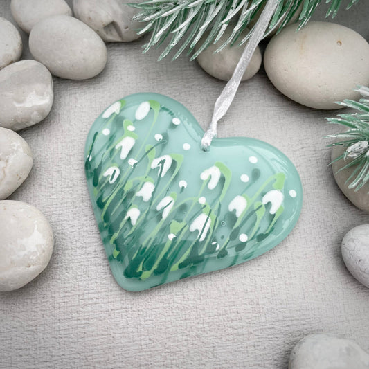 Fused glass hand painted Snowdrop heart ~ mint
