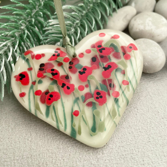 Fused glass hand painted Poppies heart ~ small