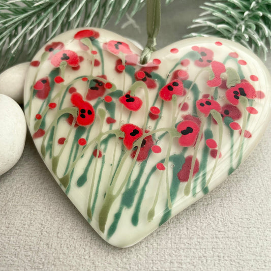 Fused glass hand painted Poppies heart ~ large