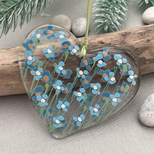 Fused glass hand painted Forget me not heart turquoise ~ large