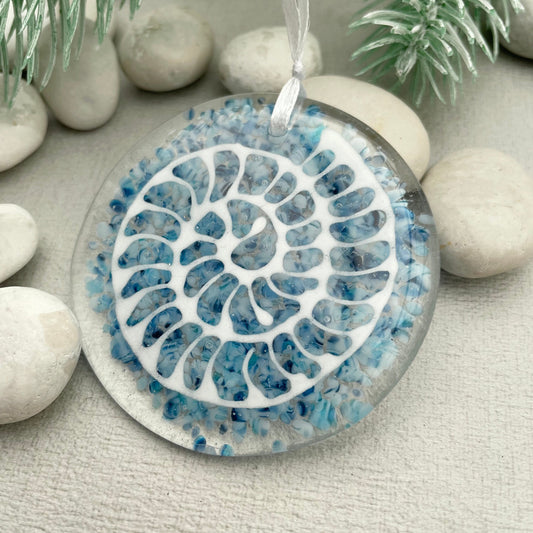 Fused glass ammonite window hanger, made with reclaimed glass