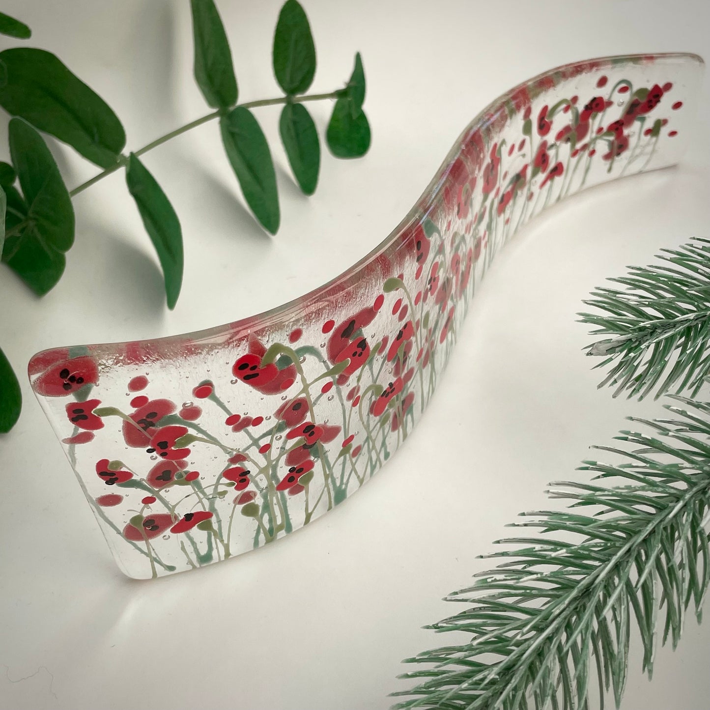 Fused glass hand painted S shaped curve ~ Poppies