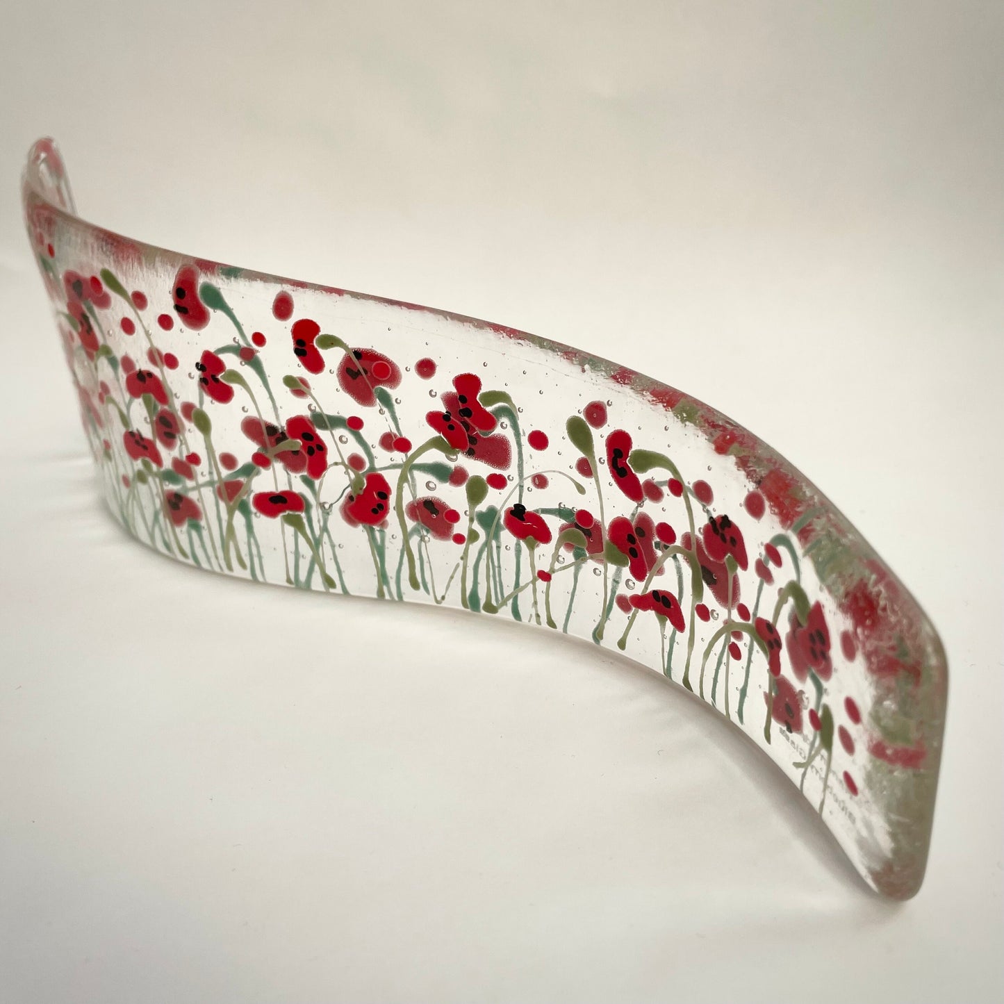 Fused glass hand painted S shaped curve ~ Poppies