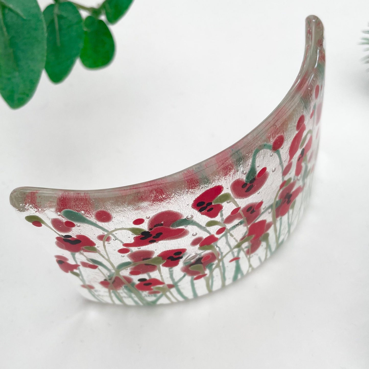 Fused glass hand painted Poppies Mini Curve ~ Clear