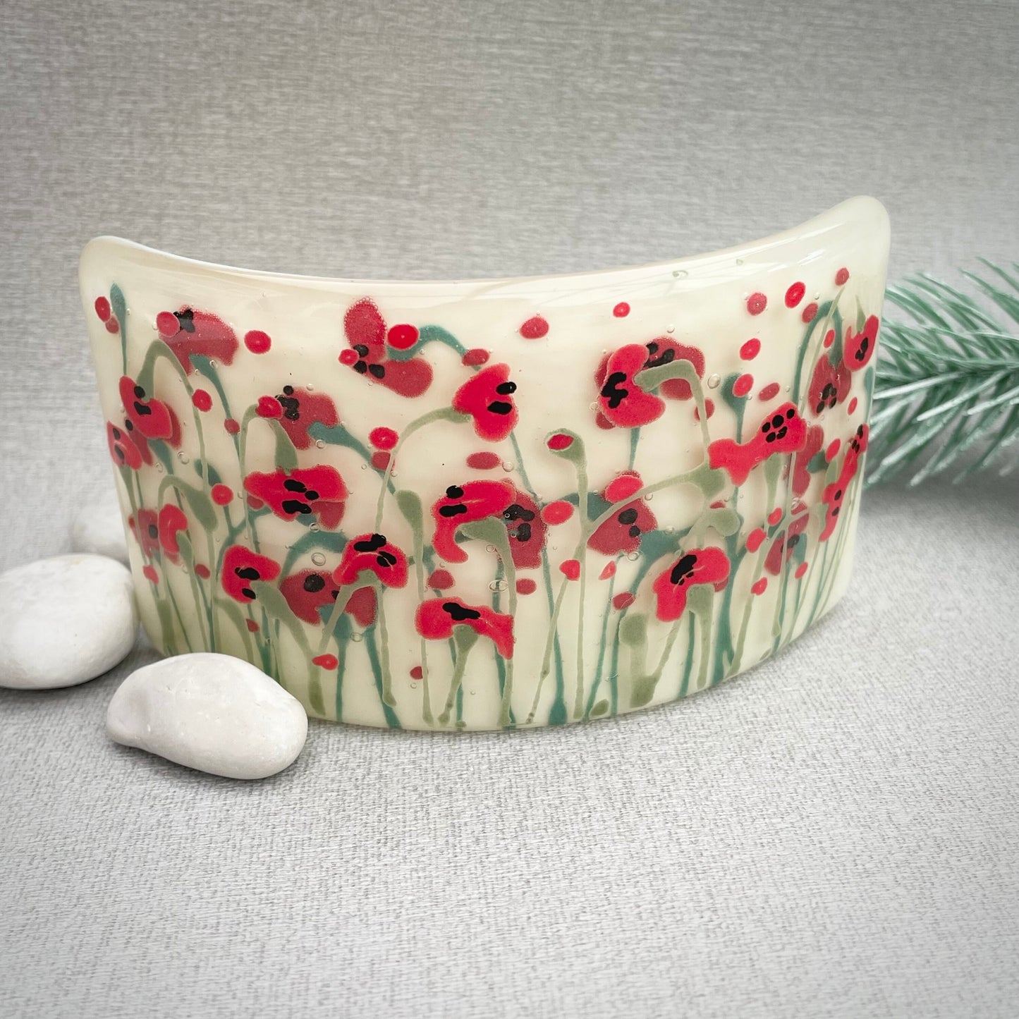 Fused glass hand painted Poppies Mini Curve ~ Cream