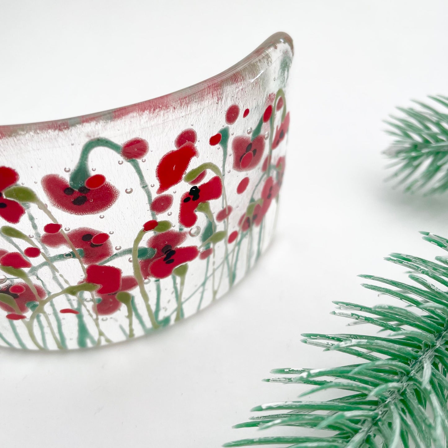 Fused glass hand painted Poppies Mini Curve ~ Clear