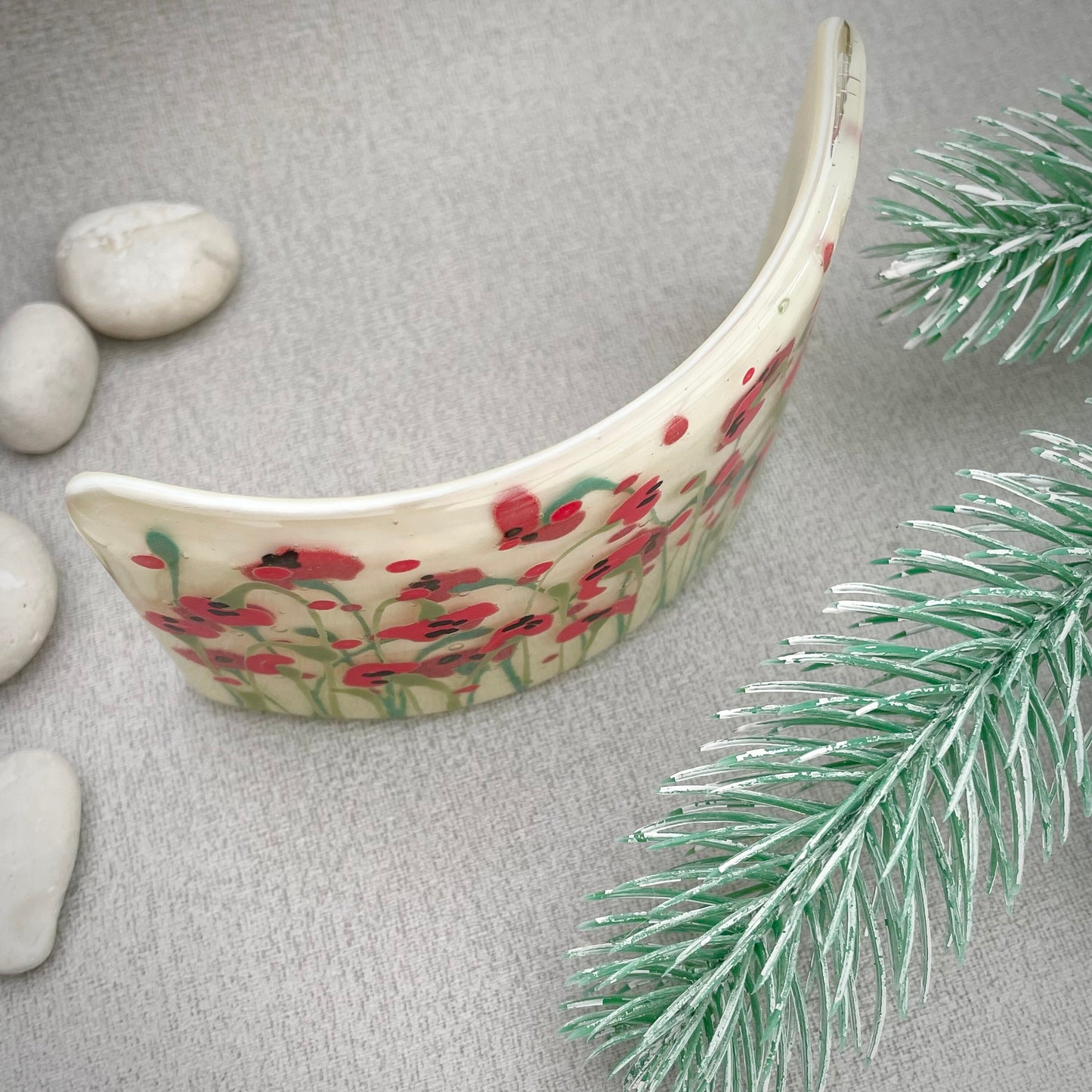 Fused glass hand painted Poppies Mini Curve ~ Cream