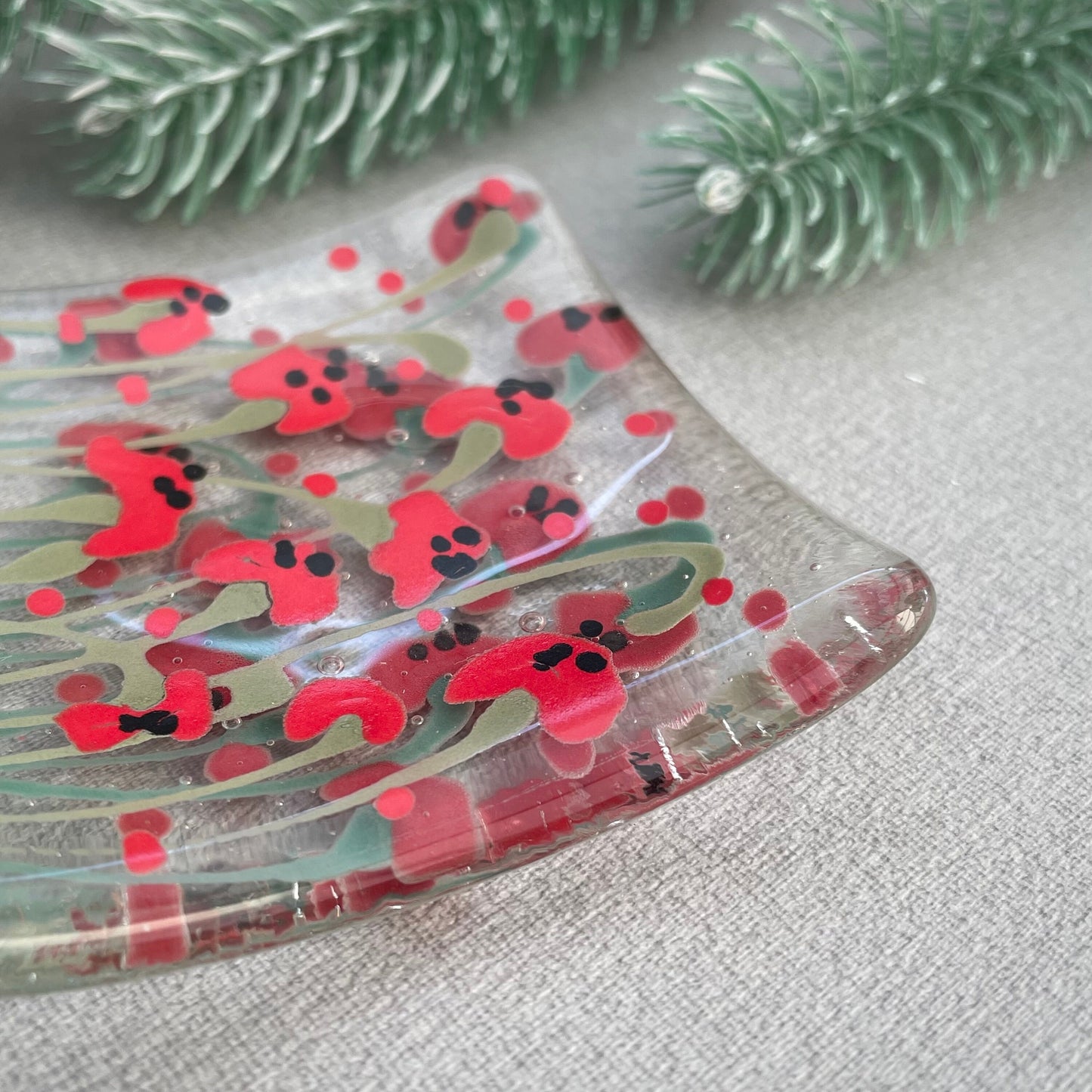 Fused glass hand painted poppy field dish ~ clear